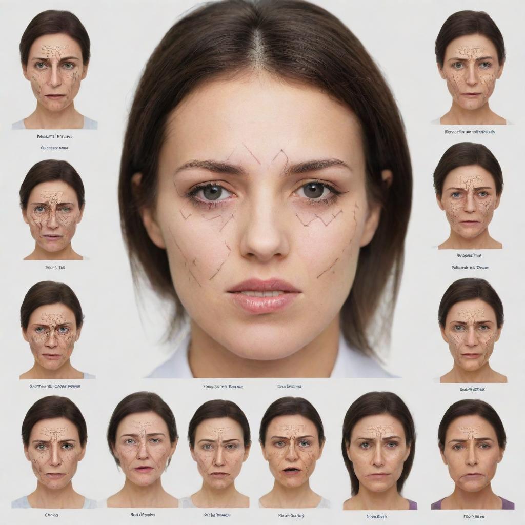 Generate a psychological chart labeling the full range of human disorders, complemented by illustrations of a human face displaying the associated facial expressions for each disorder