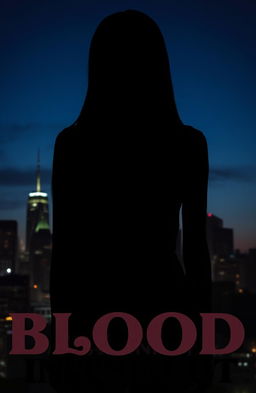 The silhouette of a girl with very long, straight black hair, standing against a city skyline at dusk