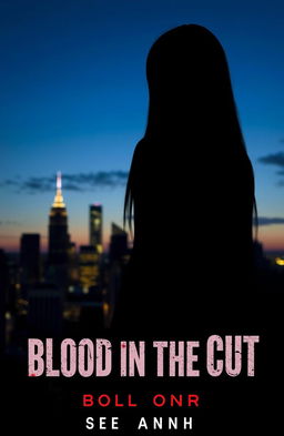 The silhouette of a girl with very long, straight black hair, standing against a city skyline at dusk