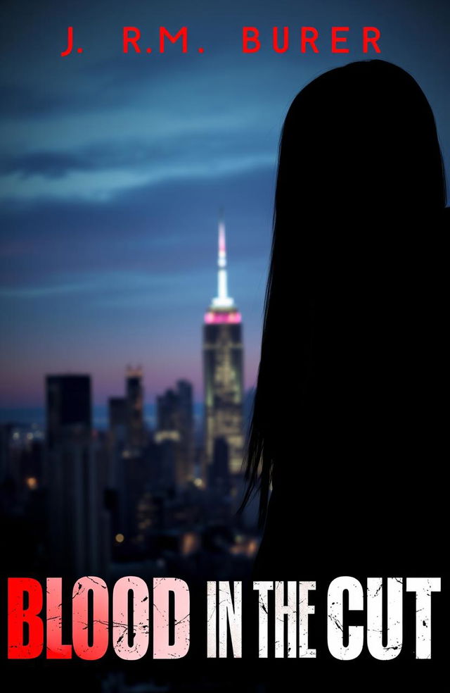 The silhouette of a girl with very long, straight black hair, standing against a city skyline at dusk