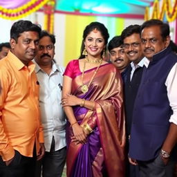 A glamorous Indian woman named Keerthi, elegantly draped in a traditional saree, exuding confidence and charm