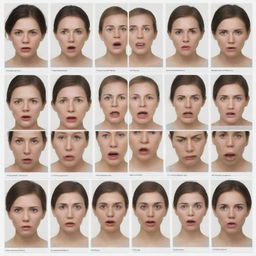 Generate a psychological chart labeling the full range of human disorders, complemented by illustrations of a human face displaying the associated facial expressions for each disorder