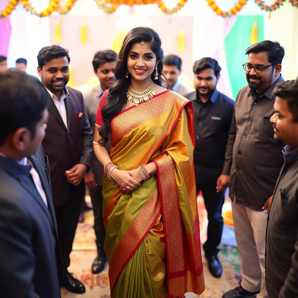 A glamorous Indian woman named Keerthi, elegantly draped in a traditional saree, exuding confidence and charm