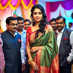 A glamorous Indian woman named Keerthi, elegantly draped in a traditional saree, exuding confidence and charm