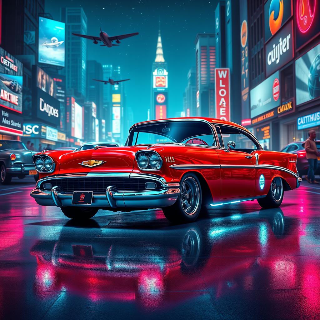 A futuristic advertisement of a 1956 Chevrolet Bel Air, styled with sleek lines and advanced technological features