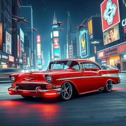A futuristic advertisement of a 1956 Chevrolet Bel Air, styled with sleek lines and advanced technological features