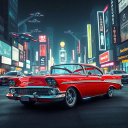 A futuristic advertisement of a 1956 Chevrolet Bel Air, styled with sleek lines and advanced technological features