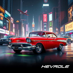 A futuristic advertisement of a 1956 Chevrolet Bel Air, styled with sleek lines and advanced technological features