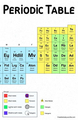 An educational and detailed illustration of the periodic table of elements, highlighting the different groups, including alkali metals, alkaline earth metals, transition metals, halogens, and noble gases