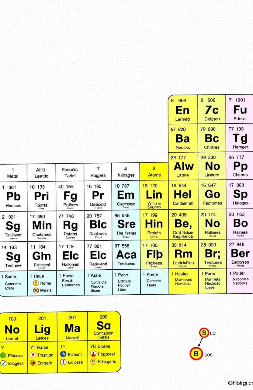 An educational and detailed illustration of the periodic table of elements, highlighting the different groups, including alkali metals, alkaline earth metals, transition metals, halogens, and noble gases