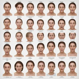 Generate a psychological chart labeling the full range of human disorders, complemented by illustrations of a human face displaying the associated facial expressions for each disorder