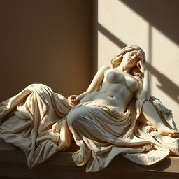An artistic depiction of a reclining figure, representing an 18-year-old woman, styled after ancient sculptures