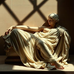 An artistic depiction of a reclining figure, representing an 18-year-old woman, styled after ancient sculptures