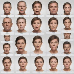 Generate a psychological chart labeling the full range of human disorders, complemented by illustrations of a human face displaying the associated facial expressions for each disorder