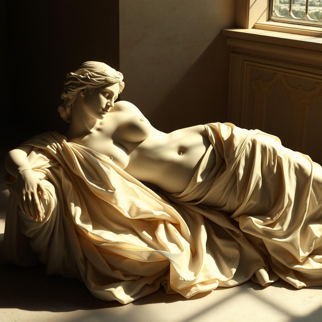 An artistic depiction of a reclining figure, representing an 18-year-old woman, styled after ancient sculptures