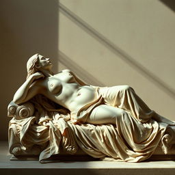 An artistic depiction of a reclining figure, representing an 18-year-old woman, styled after ancient sculptures