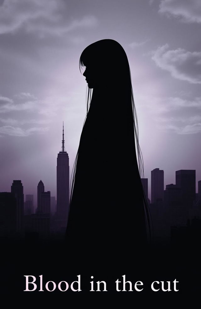 A silhouette of a girl with very long, straight black hair, set against a backdrop of a city skyline