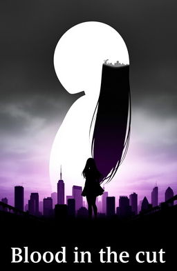A silhouette of a girl with very long, straight black hair, set against a backdrop of a city skyline