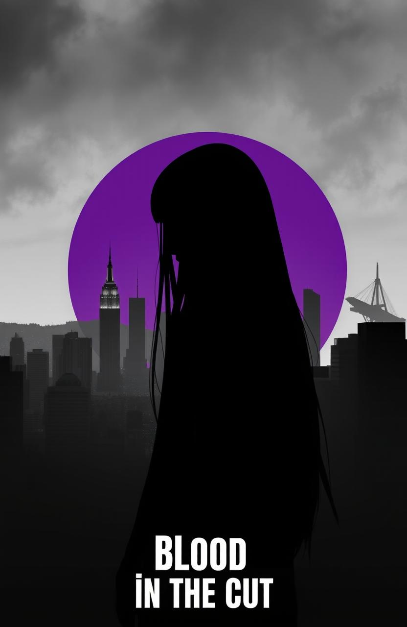 A silhouette of a girl with very long, straight black hair, set against a backdrop of a city skyline