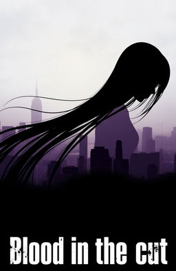 A silhouette of a girl with very long, straight black hair, set against a backdrop of a city skyline