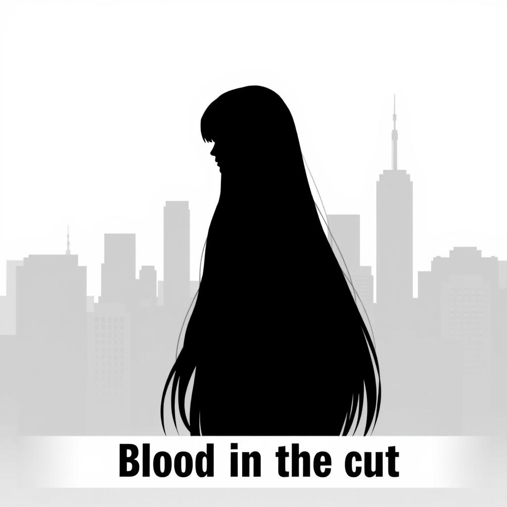 A silhouette of a girl with very long, straight black hair, set against a backdrop of a city skyline