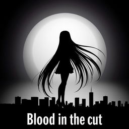 A silhouette of a girl with very long, straight black hair, set against a backdrop of a city skyline