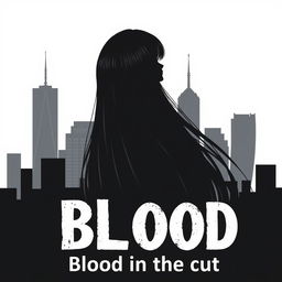 A silhouette of a girl with very long, straight black hair, set against a backdrop of a city skyline