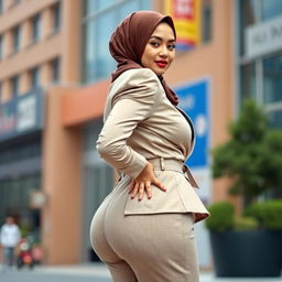 A woman wearing a stylish hijab, showcasing a beautifully tailored outfit that accentuates her curvy figure with a notably voluptuous silhouette