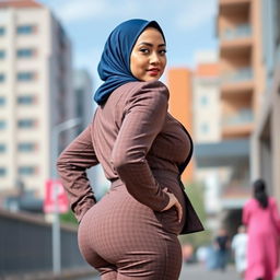 A woman wearing a stylish hijab, showcasing a beautifully tailored outfit that accentuates her curvy figure with a notably voluptuous silhouette