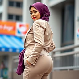 A woman wearing a stylish hijab, showcasing a beautifully tailored outfit that accentuates her curvy figure with a notably voluptuous silhouette