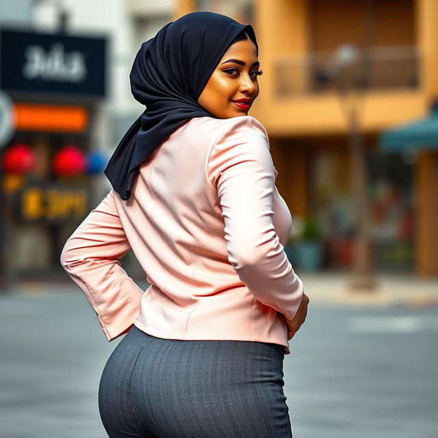 A woman wearing a stylish hijab, showcasing a beautifully tailored outfit that accentuates her curvy figure with a notably voluptuous silhouette