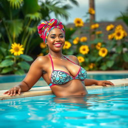 A confident and stylish hijabi woman lounging by a serene pool, wearing a fashionable bikini that complements her curves