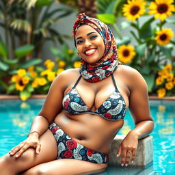 A confident and stylish hijabi woman lounging by a serene pool, wearing a fashionable bikini that complements her curves