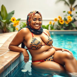 A confident and stylish hijabi woman lounging by a serene pool, wearing a fashionable bikini that complements her curves