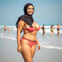 A confident hijabi woman flaunting her curvy silhouette in a stylish bikini, exuding body positivity and self-love