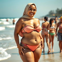 A confident hijabi woman flaunting her curvy silhouette in a stylish bikini, exuding body positivity and self-love