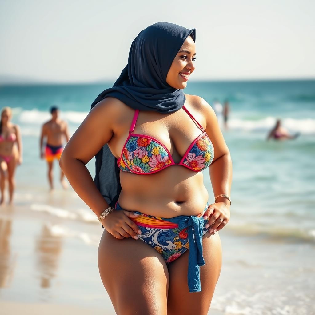 A confident hijabi woman flaunting her curvy silhouette in a stylish bikini, exuding body positivity and self-love