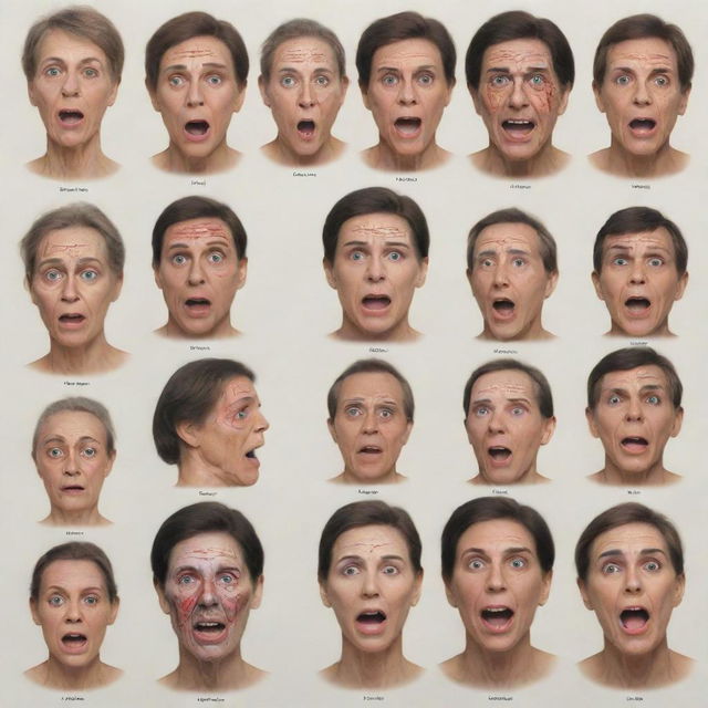 Produce a comprehensive psychological chart, marking a full spectrum of human disorders, accompanying each disorder with an illustration of a human face showcasing related facial expressions