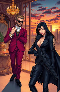 A story illustration of a possessive, crazy rich man with luxurious attire and expensive accessories, looking intensely protective