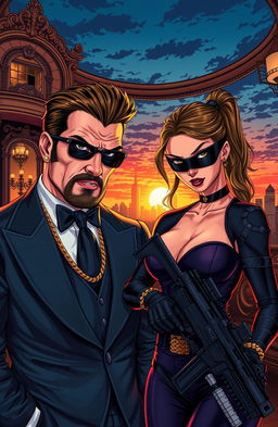 A story illustration of a possessive, crazy rich man with luxurious attire and expensive accessories, looking intensely protective