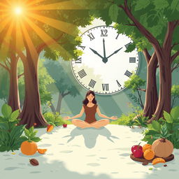 An illustration depicting the concept of fasting for longevity, featuring a serene person meditating in a peaceful environment surrounded by nature