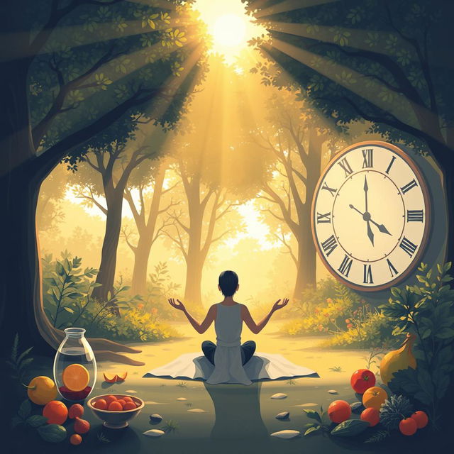 An illustration depicting the concept of fasting for longevity, featuring a serene person meditating in a peaceful environment surrounded by nature