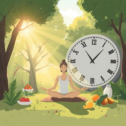 An illustration depicting the concept of fasting for longevity, featuring a serene person meditating in a peaceful environment surrounded by nature