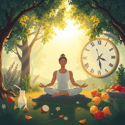 An illustration depicting the concept of fasting for longevity, featuring a serene person meditating in a peaceful environment surrounded by nature