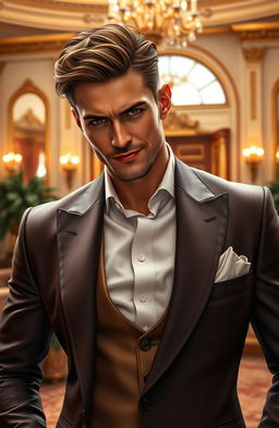 A handsome and stylish man depicted as a soft, possessive character, exuding confidence and charm