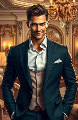 A handsome and stylish man depicted as a soft, possessive character, exuding confidence and charm