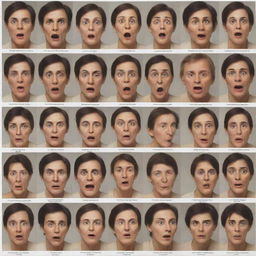 Produce a comprehensive psychological chart, marking a full spectrum of human disorders, accompanying each disorder with an illustration of a human face showcasing related facial expressions