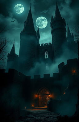 A chilling scene of a medieval castle shrouded in eerie mist, evoking the haunting style of Stephen King's horror stories