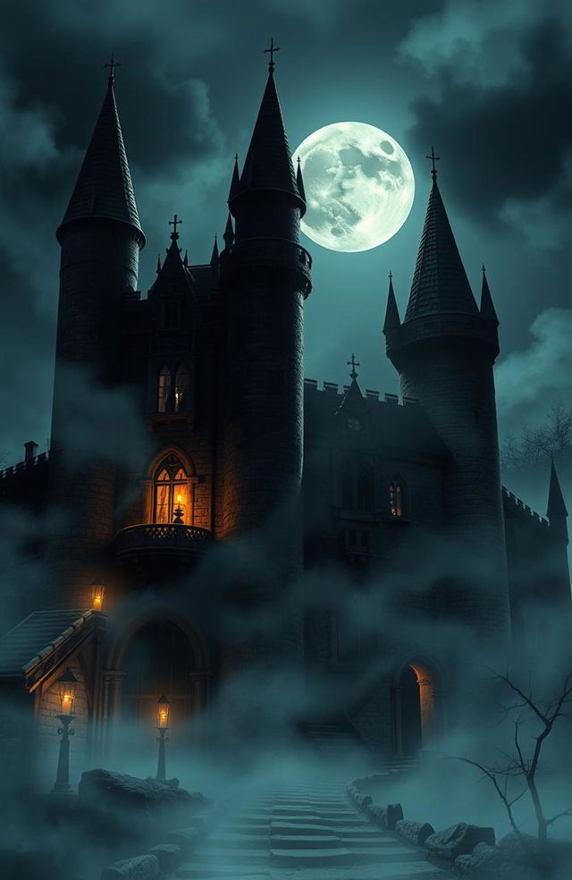 A chilling scene of a medieval castle shrouded in eerie mist, evoking the haunting style of Stephen King's horror stories