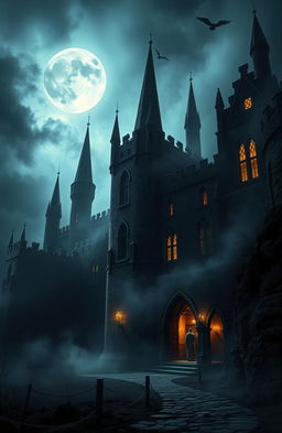 A chilling scene of a medieval castle shrouded in eerie mist, evoking the haunting style of Stephen King's horror stories